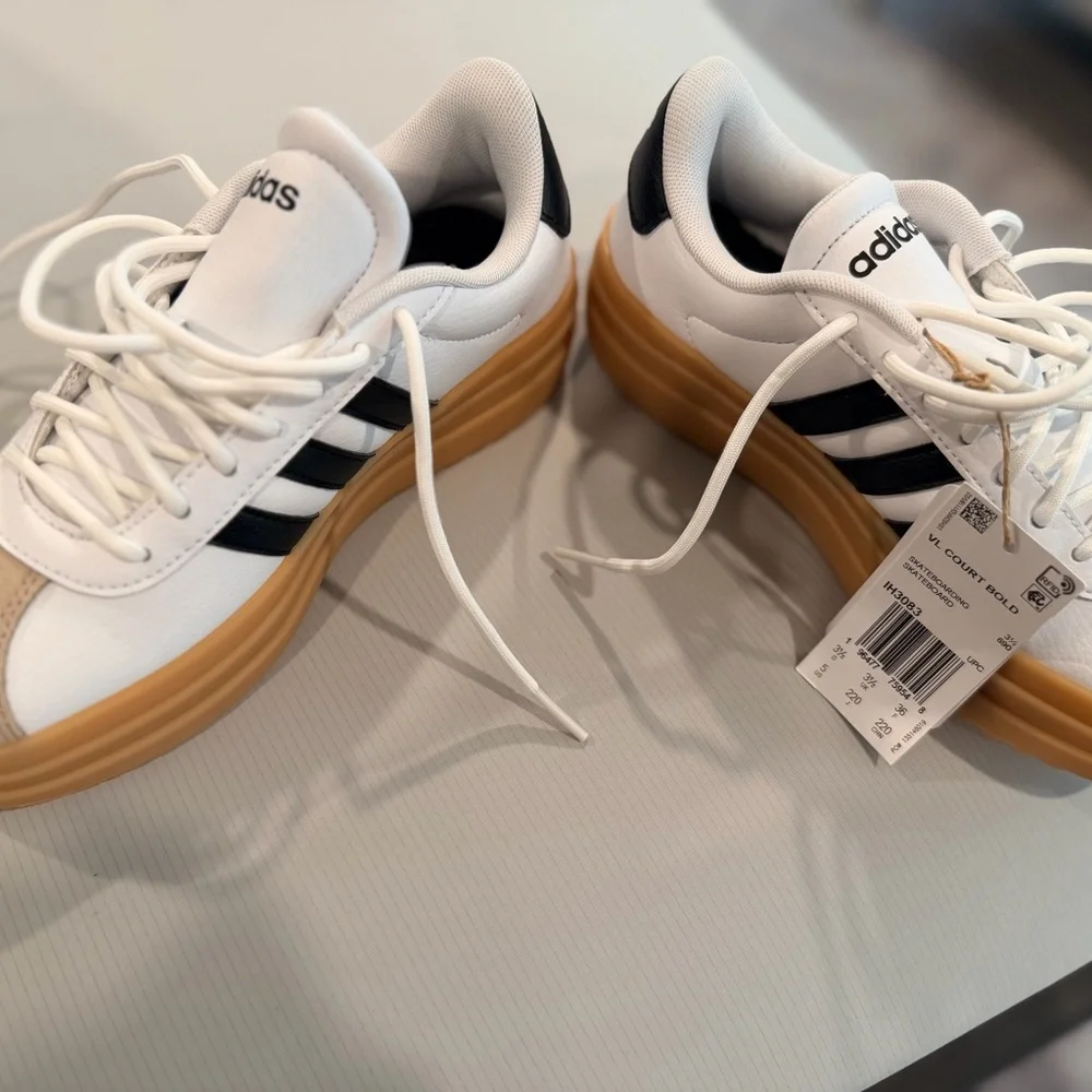 adidas White, Tan & Black Court-Inspired Sneakers - Picture 2 of 4